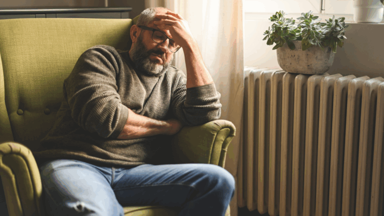 A weary man, a caregiver, sits in a chair with his head in his hands, reflecting his fatigue and stress.